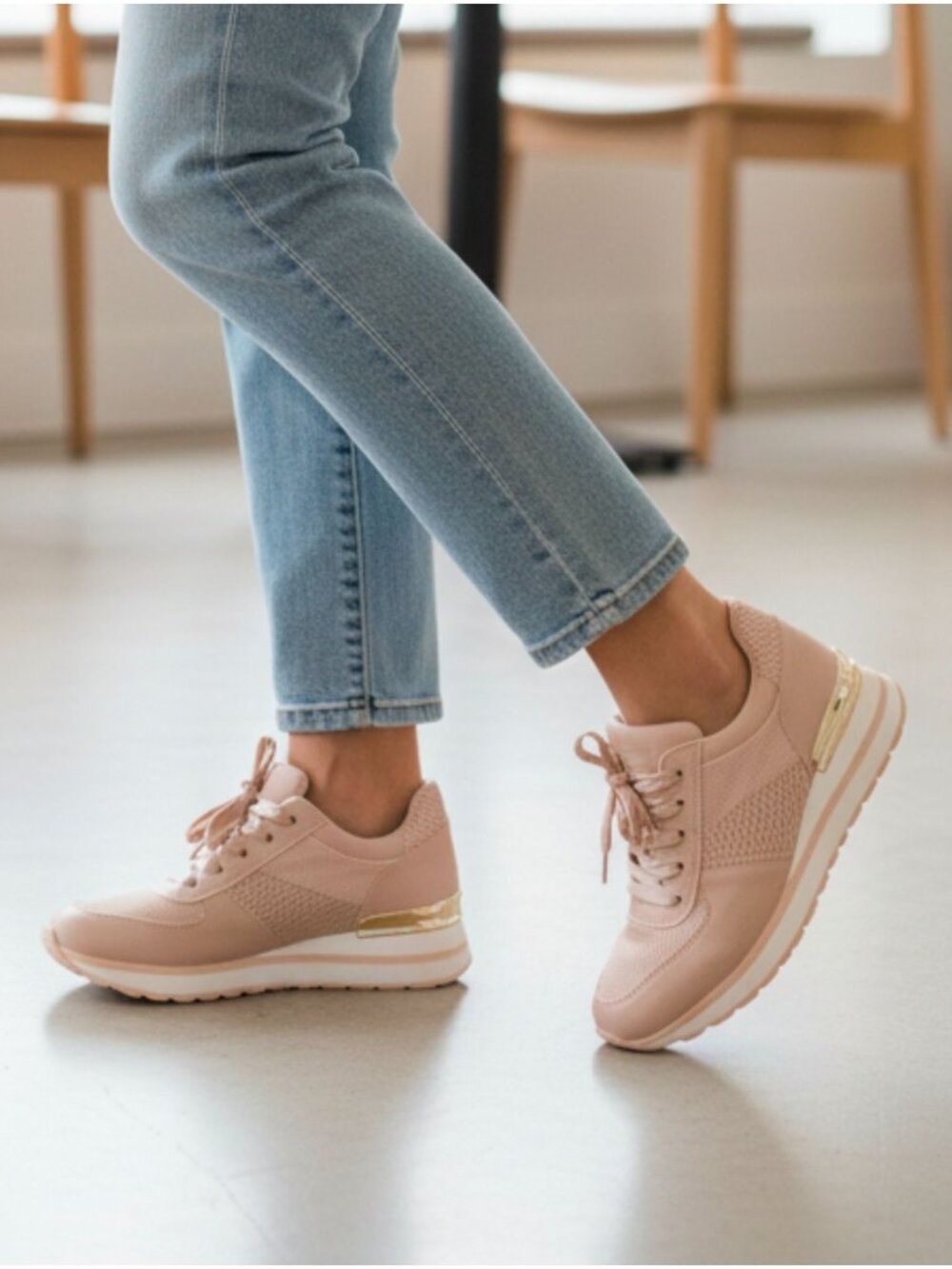 Blush Pink Womens Sneakers With Mesh Paneling & Gold Heel Accent - Picture 10 of 14
